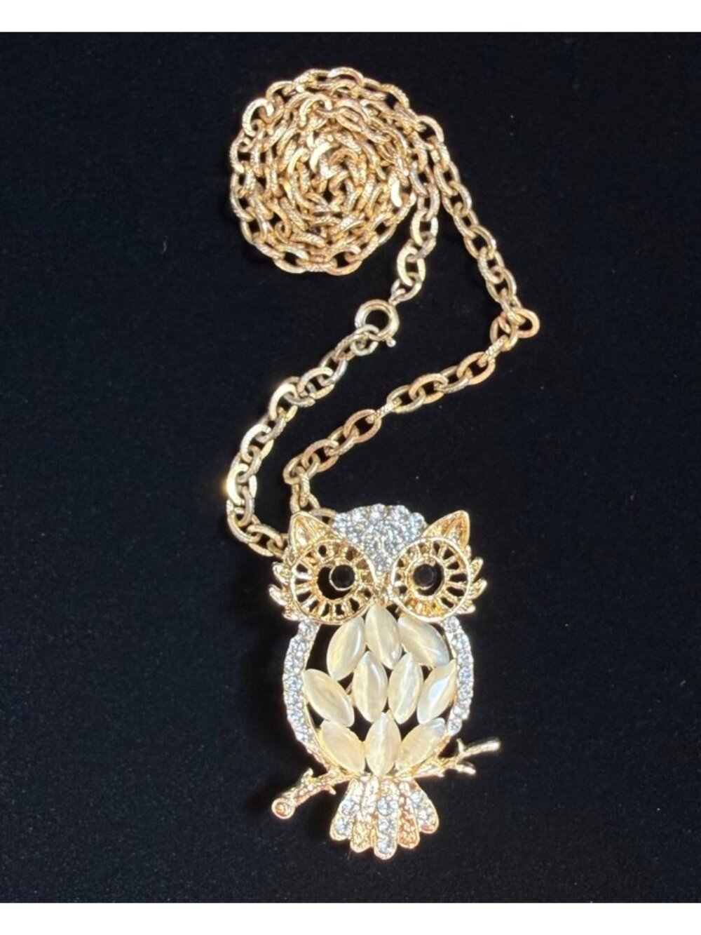 Gold Tone Owl Statement Necklace, Faux Opal Cat Eye Marquise Stones & Rhinestone